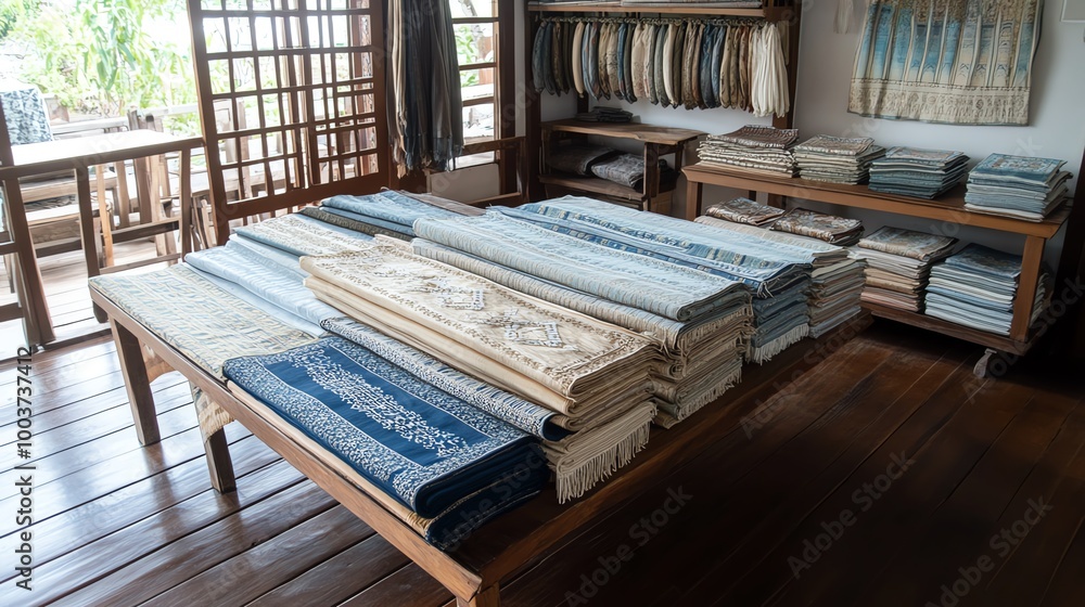 Handwoven fabric shop with traditional textiles displayed on tables Handwoven fabric shop with traditional textiles displayed on tables