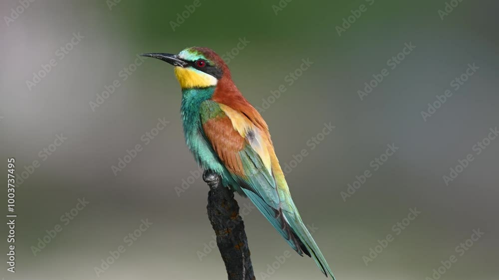 Video of colorful tropical birds on a branch. Colorful and blurred background. European Bee-eater. Its Latin name is Merops apiaster. Video of colorful tropical birds on a branch. Colorful and blurred background. European Bee-eater. Its Latin name is Merops apiaster.