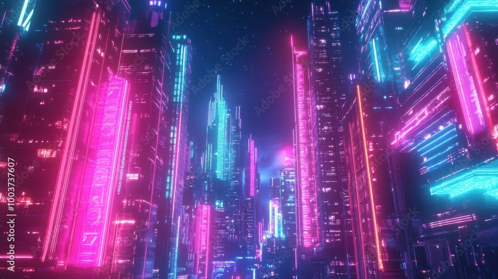 3D glow effect of a neon-lit cityscape with glowing signs and buildings, creating a vibrant 3D glow effect of a neon-lit cityscape with glowing signs and buildings, creating a vibrant