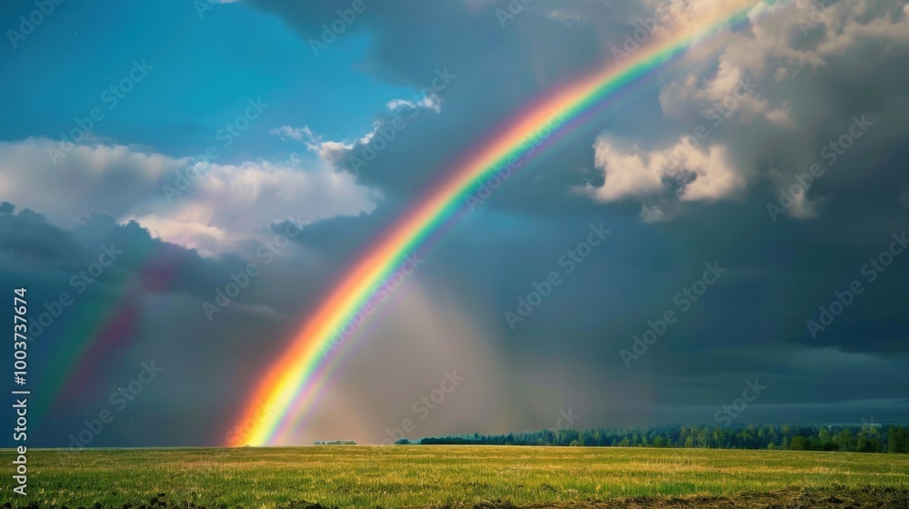 Vibrant Rainbow Over a Green Landscape Vibrant Rainbow Over a Green Landscape