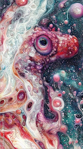  A painting of a fish covered in bubbles, with more bubbles at its bottom