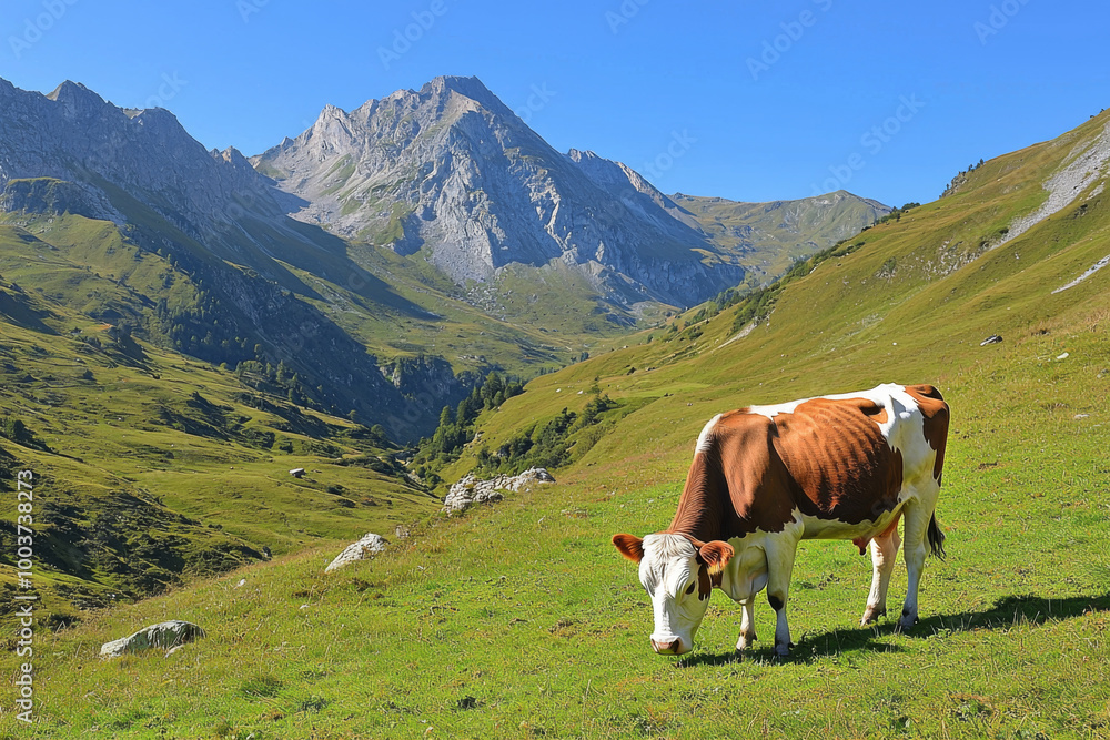 A serene landscape featuring a grazing cow in a lush green meadow, surrounded by majestic mountains under a clear blue sky. A serene landscape featuring a grazing cow in a lush green meadow, surrounded by majestic mountains under a clear blue sky.