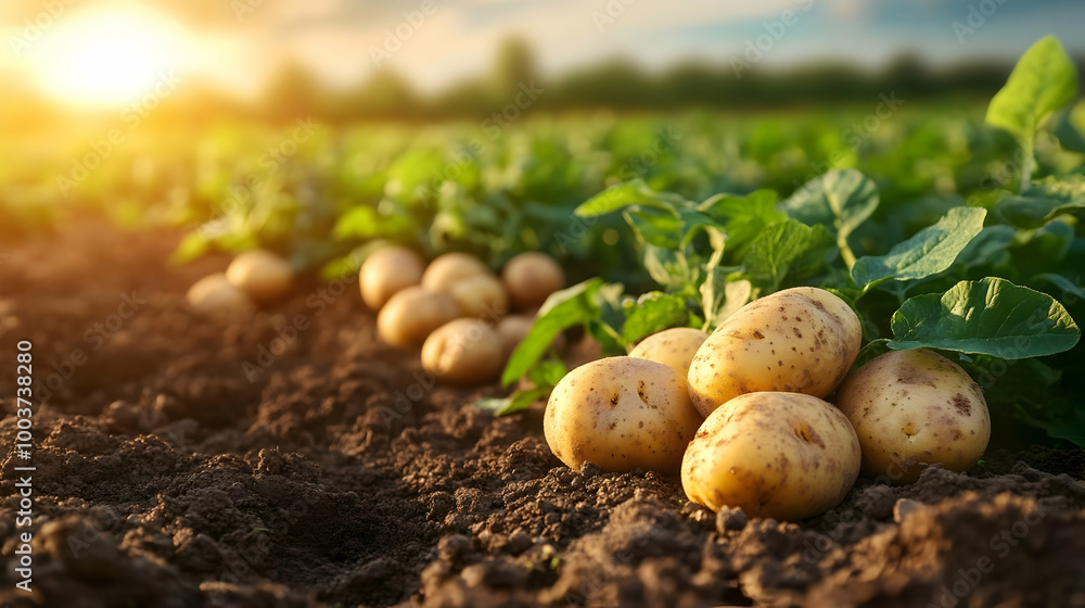 Close-up of Potatoes in a Field with Lush Green Foliage and Sunlight