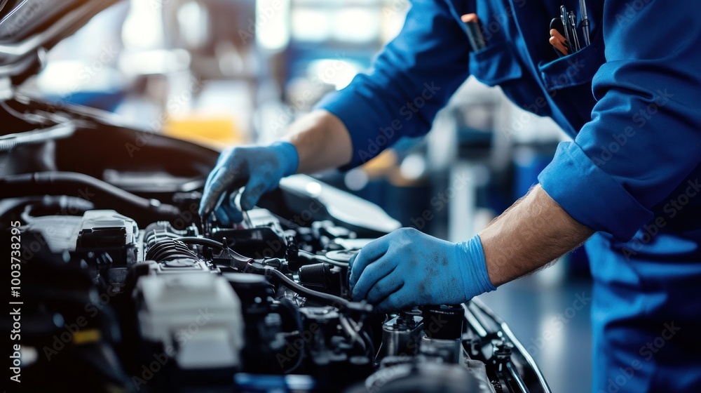 A mechanic working on a car engine, performing maintenance with gloves. A mechanic working on a car engine, performing maintenance with gloves.