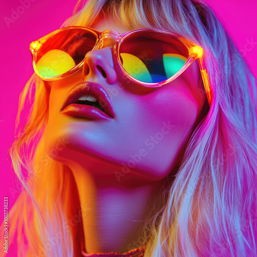 A fashion portrait of an elegant blonde woman with neon rainbow sunglasses, bold makeup, and a vibrant outfit against a pink background. 