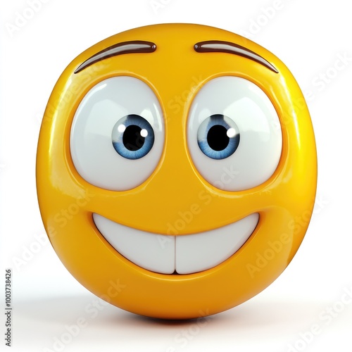 A cheerful yellow smiley face with bright blue eyes showcases joy and positivity, perfect for expressing happiness in digital communication, 3D rendered for vibrant appeal photo