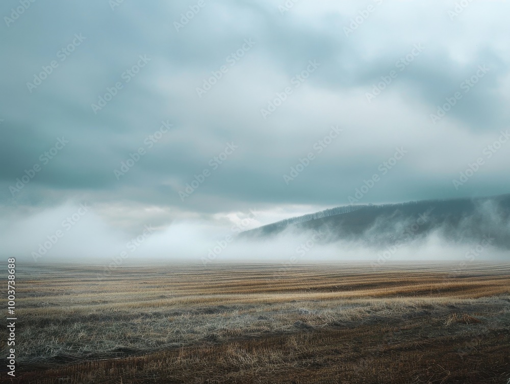 Misty Landscape with Overcast Sky and Rolling Hills Misty Landscape with Overcast Sky and Rolling Hills