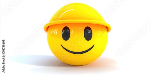 A cheerful yellow smiley face with a hard hat, symbolizing positivity and safety in construction and teamwork photo