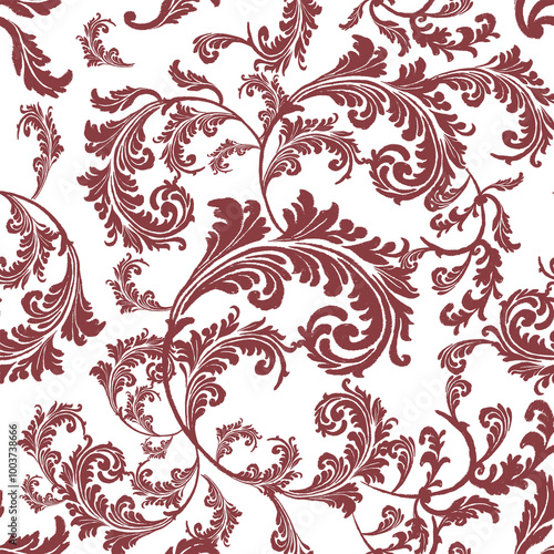 Wallpaper Mural Classic Damask leaf red color Seamless Pattern on a white background.	 Torontodigital.ca