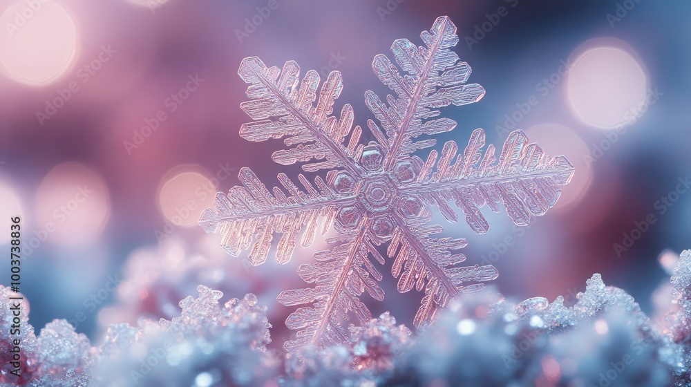 Close-up of a snowflake on frosty Close-up of a snowflake on frosty
