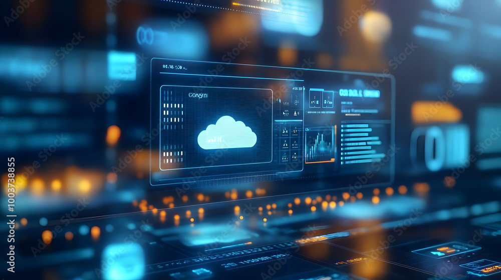 Abstract Futuristic Digital Interface with a Cloud Icon Displaying Data and Information on a Screen Abstract Futuristic Digital Interface with a Cloud Icon Displaying Data and Information on a Screen