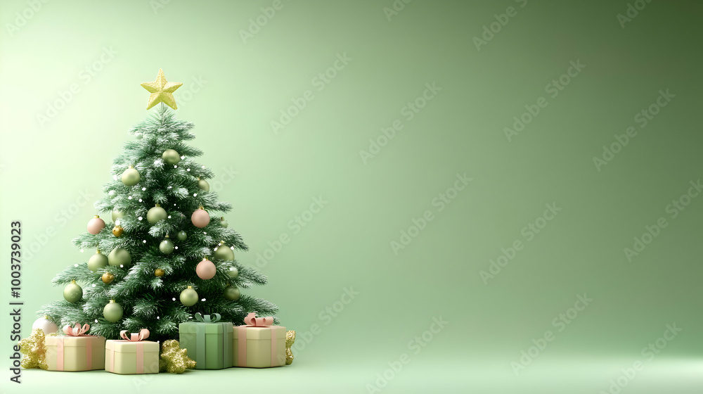 Decorated Christmas Tree with Presents and Ornaments on Green Background Decorated Christmas Tree with Presents and Ornaments on Green Background