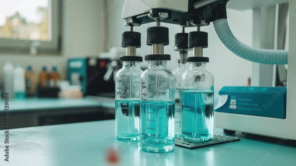 Laboratory Equipment with Blue Liquid in Bottles Laboratory Equipment with Blue Liquid in Bottles