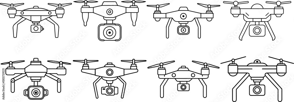set drone with camera outline coloring book page line art vector illustration set drone with camera outline coloring book page line art vector illustration