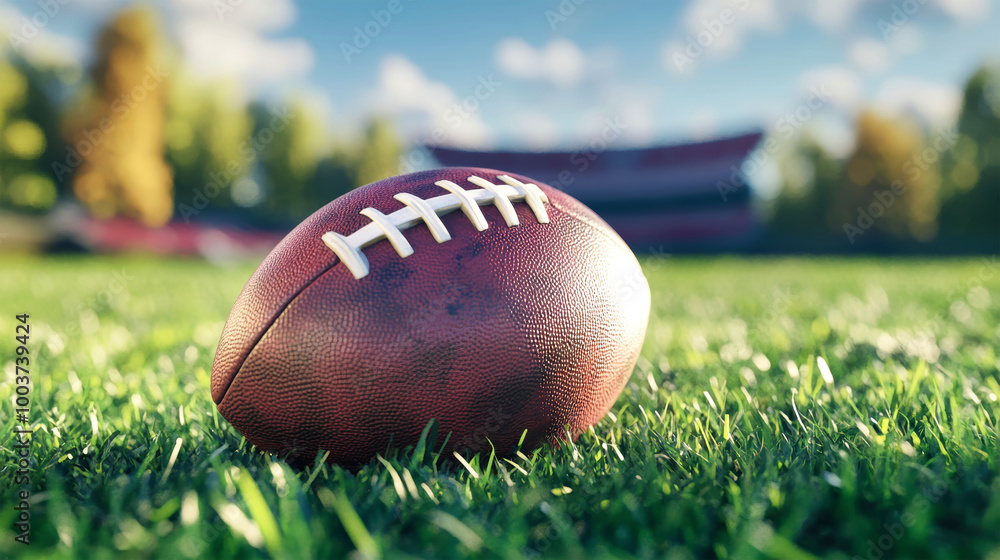 A close-up view of an American football showcasing its textured surface on lush green grass, with a stadium softly blurred in the background, evoking an exciting game spirit A close-up view of an American football showcasing its textured surface on lush green grass, with a stadium softly blurred in the background, evoking an exciting game spirit