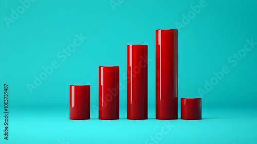 3D Render of a Rising Bar Chart with Red Cylinders on a Blue Background