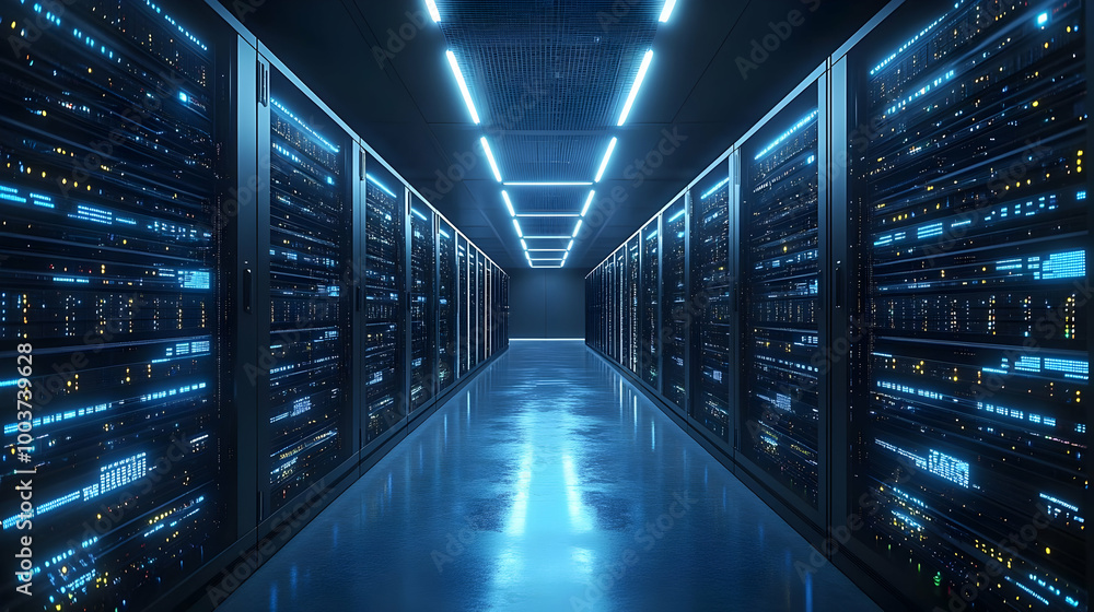 A 3D Rendering of a Server Room with Rows of Black Servers Illuminated by Blue Lights and a Long Corridor A 3D Rendering of a Server Room with Rows of Black Servers Illuminated by Blue Lights and a Long Corridor