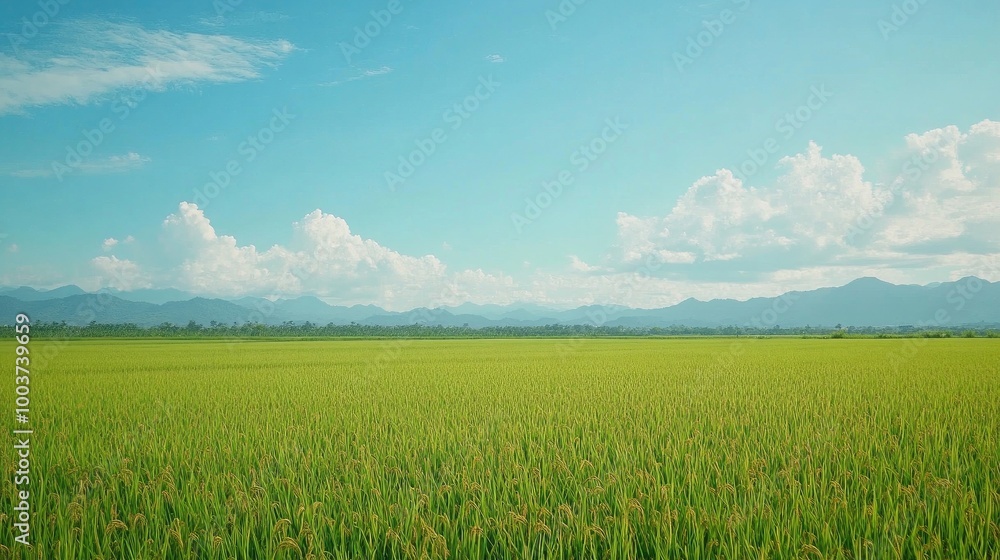 Fototapeta premium Lush Green Rice Field Under Clear Blue Sky