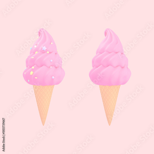 3D render a set of cartoon pink soft serve ice cream objects on pink background.