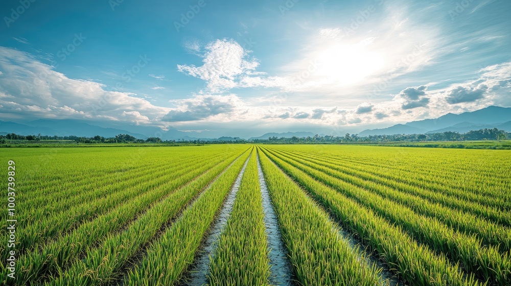Lush Green Rice Field Under Bright Sky Lush Green Rice Field Under Bright Sky