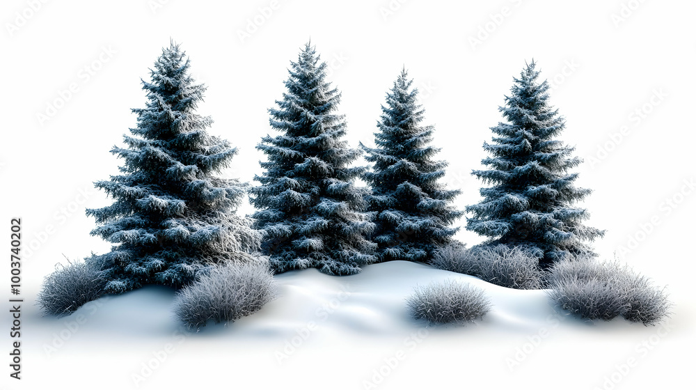 Fototapeta premium 3D Render of Four Snow-Covered Pine Trees in a Winter Landscape