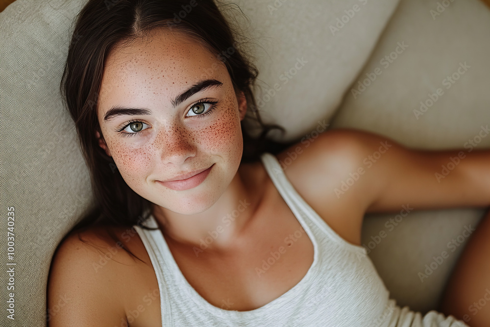Fototapeta premium Portrait of a Young Woman with Freckles, Blue Eyes, and a Radiant Smile in Soft Natural Light, Highlighting Her Youthful Beauty and Cheerful Expression