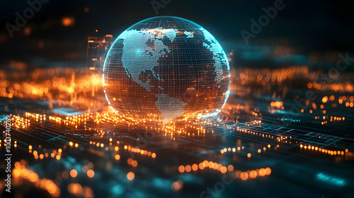 3D Render of a Digital Earth Globe with Glowing Orange and Blue Lines and Points on a Dark Background