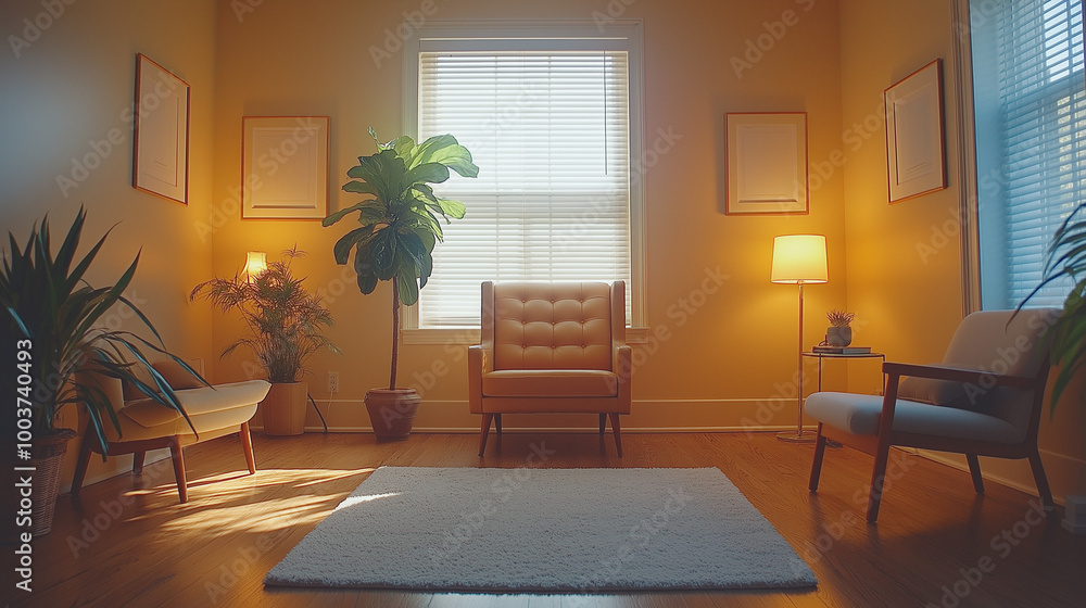 Peaceful healing room with a cozy sofa and soft lighting, creating a tranquil and calming atmosphere. Peaceful healing room with a cozy sofa and soft lighting, creating a tranquil and calming atmosphere.