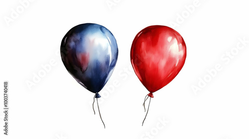 Watercolor Painting of Two Balloons, One Blue and One Red, Floating on a White Background