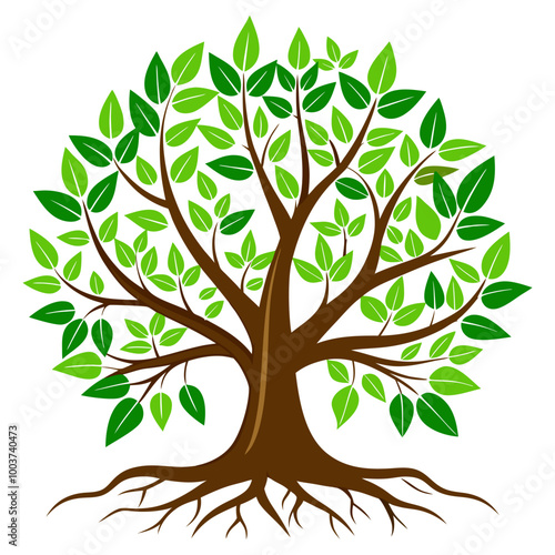 Tree with green leaves and roots vector illustration