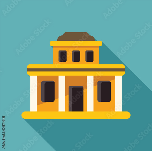 Yellow building facade with columns and windows casting long shadow on turquoise background, in flat design style