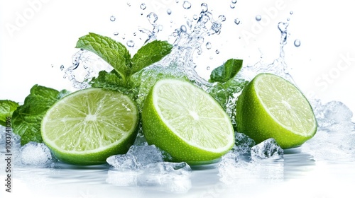 Fresh limes and mint splashing in water, conveying a refreshing drink vibe.