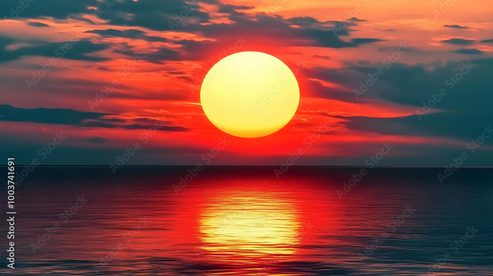 Vibrant Sunset Over Calm Ocean Waters with a Large, Round Sun Setting Behind the Horizon Vibrant Sunset Over Calm Ocean Waters with a Large, Round Sun Setting Behind the Horizon