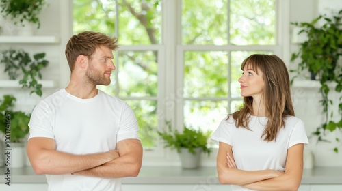 A young couple in white t-shirts stand facing each other with confused expressions and slightly raised eyebrows. Both are standing straight with their arms crossed.