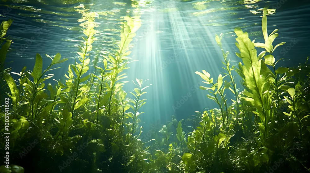 Fototapeta premium Sunlight Beams Through Lush Underwater Seaweed Forest