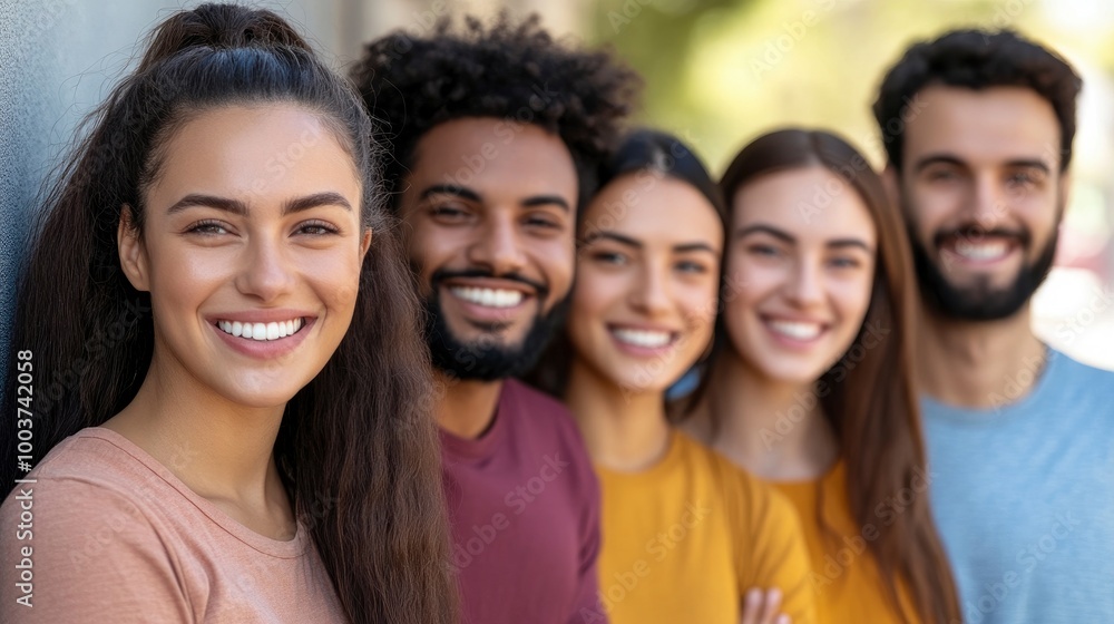 A group of people with different colored scarves and hats are smiling for the camera. Scene is happy and friendly A group of people with different colored scarves and hats are smiling for the camera. Scene is happy and friendly