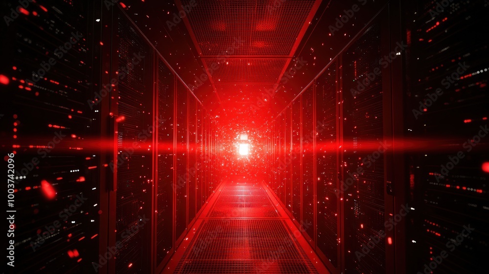 Obraz premium A futuristic server room illuminated by red light, suggesting high-tech data processing.