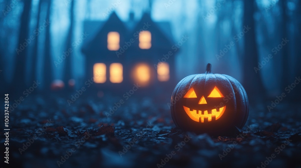 A bat flies over a house with a pumpkin on the ground. The pumpkin has a smiley face on it A bat flies over a house with a pumpkin on the ground. The pumpkin has a smiley face on it