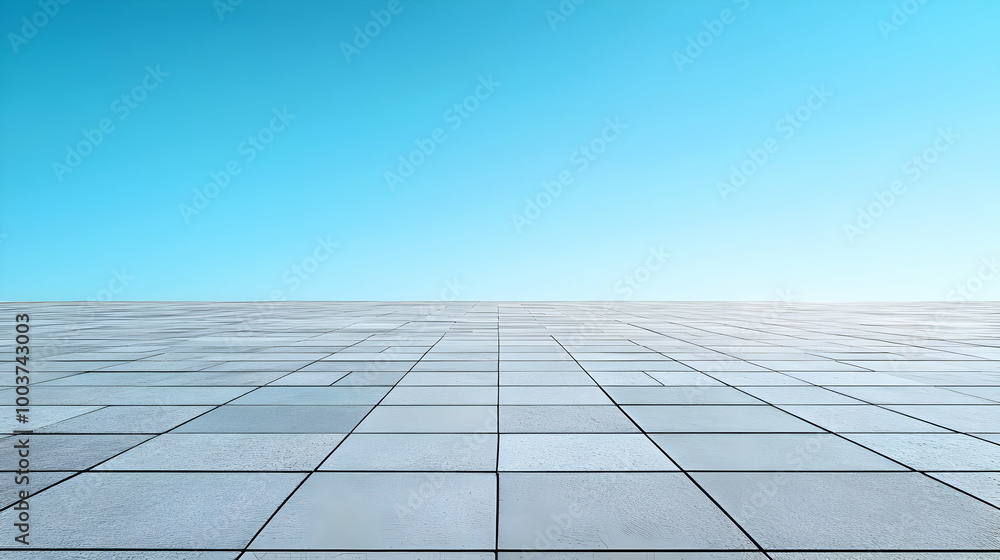 A Perspective View of a Tiled Concrete Floor with a Bright Blue Sky A Perspective View of a Tiled Concrete Floor with a Bright Blue Sky