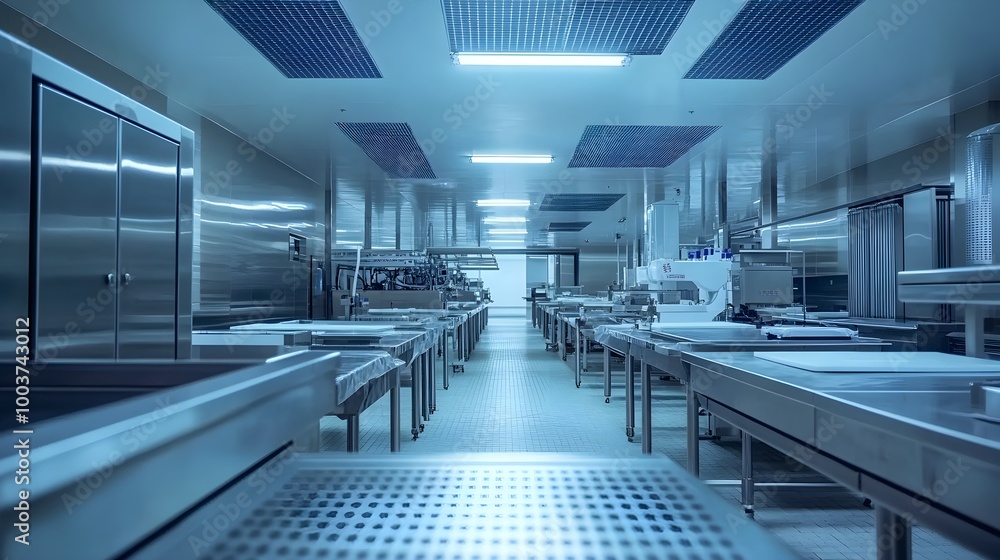Ultra-modern food factory, robots with self-cleaning mechanisms and high-efficiency systems ensuring hygiene, automated quality control in a sterile setup Ultra-modern food factory, robots with self-cleaning mechanisms and high-efficiency systems ensuring hygiene, automated quality control in a sterile setup
