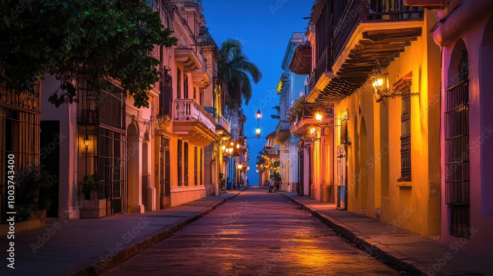 Fototapeta premium Nighttime Street Scene with Colorful Lights and Shadows