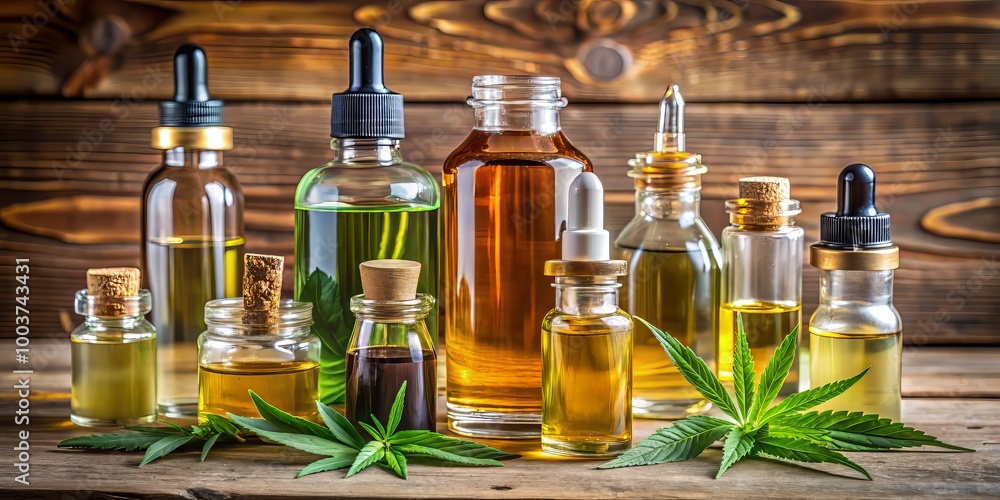 Assorted glass bottles with varying shapes and sizes containing different concentrations of golden CBD oil, arranged artfully on a minimalist wooden background. Assorted glass bottles with varying shapes and sizes containing different concentrations of golden CBD oil, arranged artfully on a minimalist wooden background.