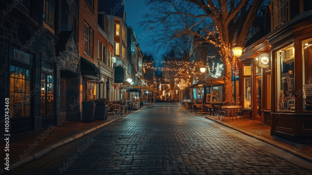 Charming Nighttime Street with Twinkling Lights Charming Nighttime Street with Twinkling Lights