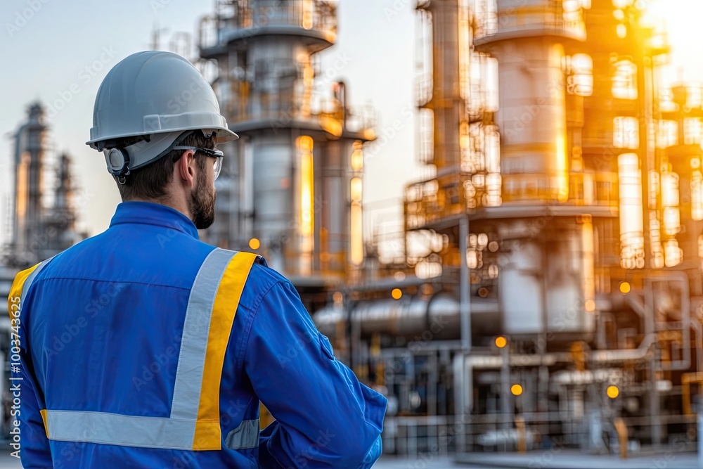 Engineer inspecting oil refinery at sunset Engineer inspecting oil refinery at sunset
