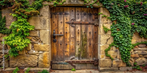 Rustic old wooden door with iron hinges and bolts set into a worn stone wall with vines and moss growing around its weathered frame.