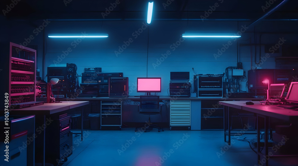 Neon Lights Glow in a Server Room, Creating a Futuristic Atmosphere Neon Lights Glow in a Server Room, Creating a Futuristic Atmosphere