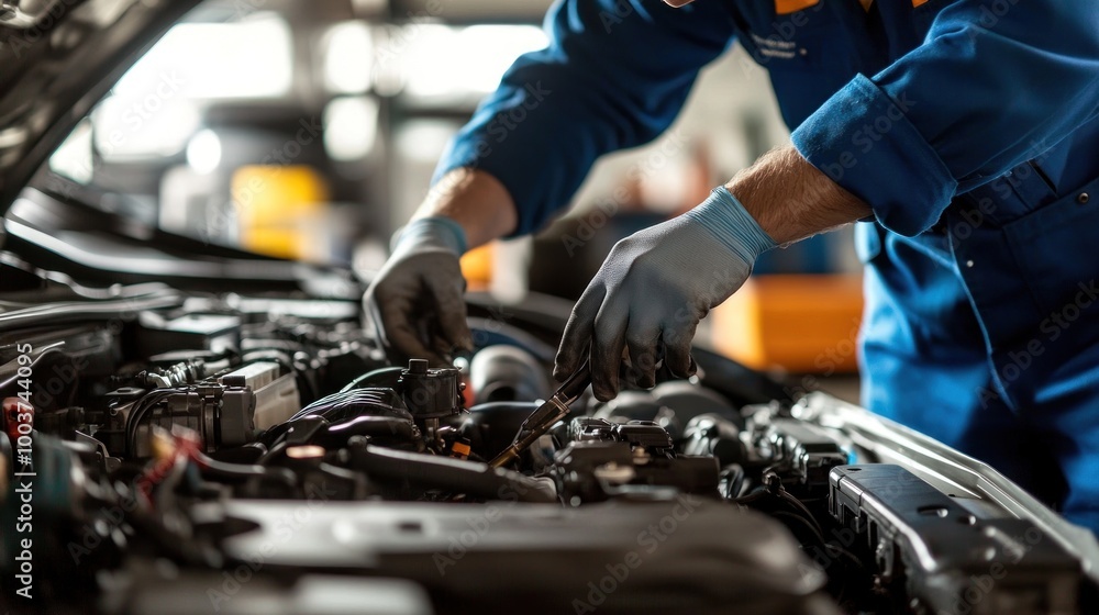 A mechanic works on a car engine, using tools to perform maintenance or repairs. A mechanic works on a car engine, using tools to perform maintenance or repairs.
