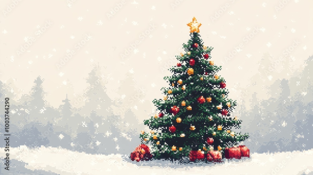 Christmas tree in pixel style, soft white background, colorful baubles and star on top, space above for text, clean and festive design. Christmas tree in pixel style, soft white background, colorful baubles and star on top, space above for text, clean and festive design.