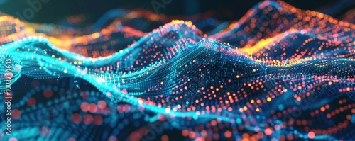 Abstract futuristic background with glowing digital line graph and wave, in blue and orange colors. Concept of financial market trading or stock photography.