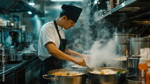 Chef Cooking in Busy Restaurant Kitchen